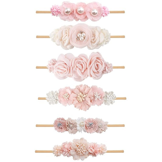 OOSAKU Baby Girl Flower Headbands Set Elastic Floral Headbands 6pcs Soft Nylon Hair Band for Newborn Toddler Hair Accessories