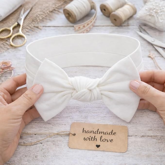 Baby Girl Headbands 0–6 Months – Newborn Infant Soft Cotton Handmade Bow Headband, Stretchy No Mark Baby Hair Accessories (Soft White, 0-6 Month)