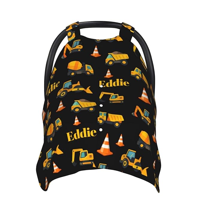 Personalized Construction Baby Car Seat Canopy for Boys – Custom Name Minky Nursing Cover, Infant Carseat Canopy, Opening Breastfeeding Stroller Cover for Newborn Baby Gift