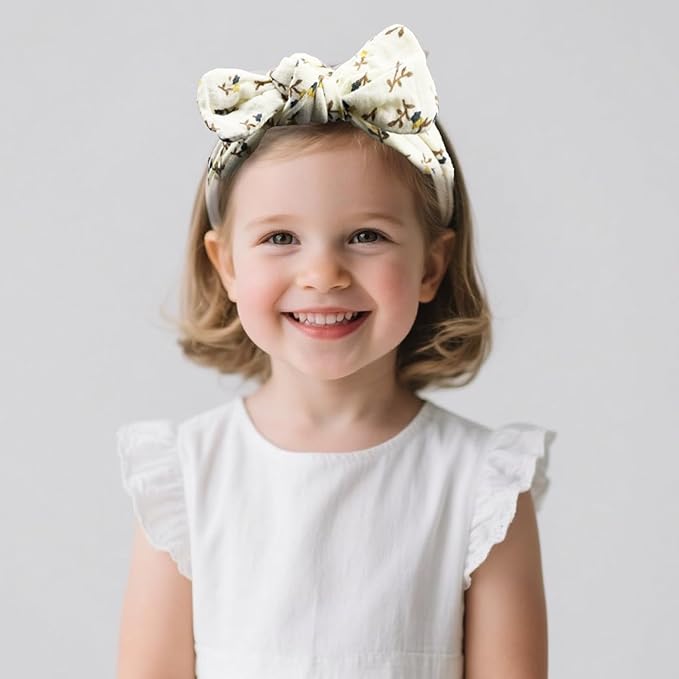 Cotton Muslin Baby Girl Hair Bow Headband, Top Knotted Headwrap Solid Floral Printed for Newborns, Infants, Toddlers(CJGingerset)