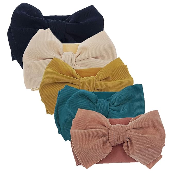 KIDOCHEESE Hairband, Soft Nylon & Cotton, Handmade Hairbands with Bows, 5 Pack, for Baby Girls & Toddlers
