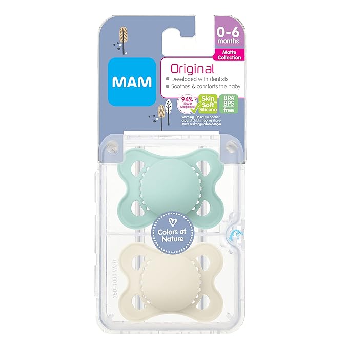MAM Night Pacifiers (2 Pacifiers & Sterilizing Box), MAM Pacifiers 0-6 Months & Original Matte Baby Pacifier, Nipple Shape Helps Promote Healthy Oral Development, Sterilizer