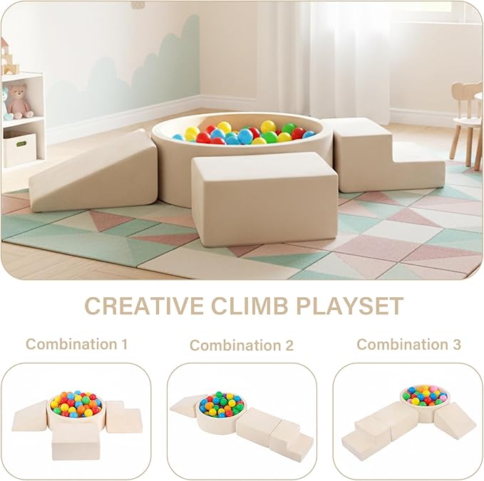 Tiita Climbing Toys with Ball Pit for Toddlers, 4-Piece Kids Foam Climbing Blocks for Baby, Activity Soft Climb and Crawl Playset Indoor Playground, Beige (Balls not Included)