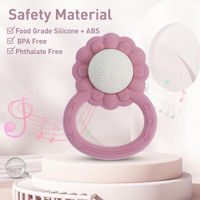 Rattle Teether, Lion Shape Montessori Baby Sensory Teething Toys, Food Grade Silicone BPA Free, Newborn Essentials Must Haves (Shifting Sand Powder Rose)