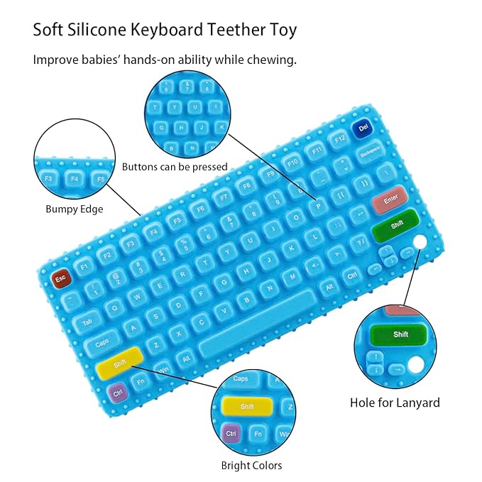 Keyboard Shape Teething Toys，Silicone Baby Teether Toys with Pacifier Clip for Babies 0-3 Months 3-6 Months,Baby Chew Toys Sensory Toys for Babies 6-36 Months(Gray) (Blue) (Blue)