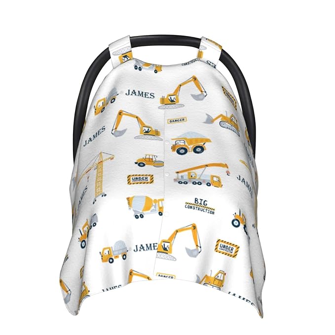 Personalized Baby Car Seat Canopy for Babies with Name, Custom Construction Vehicle Stroller Car Seat Covers for Boys, Nursing Carseat Cover for Breastfeeding, Car Seat Canopies for Infant Newborn