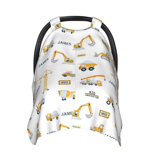 Personalized Baby Car Seat Canopy for Babies with Name, Custom Construction Vehicle Stroller Car Seat Covers for Boys, Nursing Carseat Cover for Breastfeeding, Car Seat Canopies for Infant Newborn
