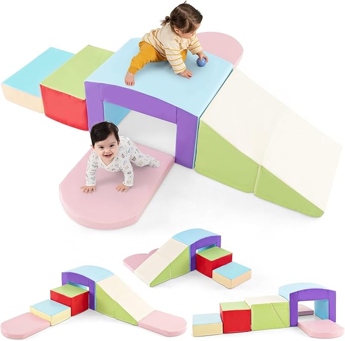 Olakids Climbing Toys for Toddlers, 7 Pieces Indoor Baby Foam Blocks Soft Play Set with PU Leather, Kids Climb and Crawl Sliding Activity Structure Gym Playground Climber