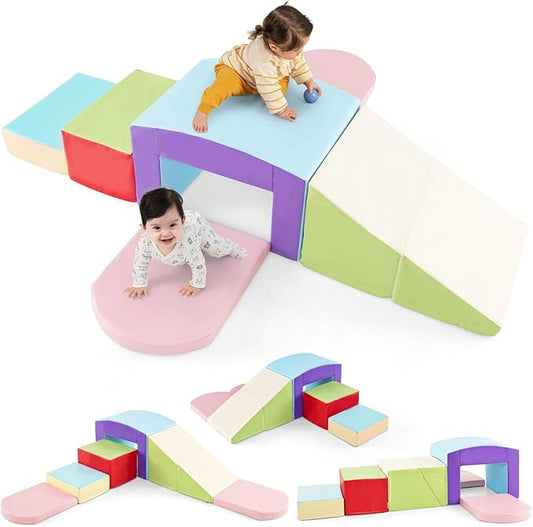 Olakids Climbing Toys for Toddlers, 7 Pieces Indoor Baby Foam Blocks Soft Play Set with PU Leather, Kids Climb and Crawl Sliding Activity Structure Gym Playground Climber