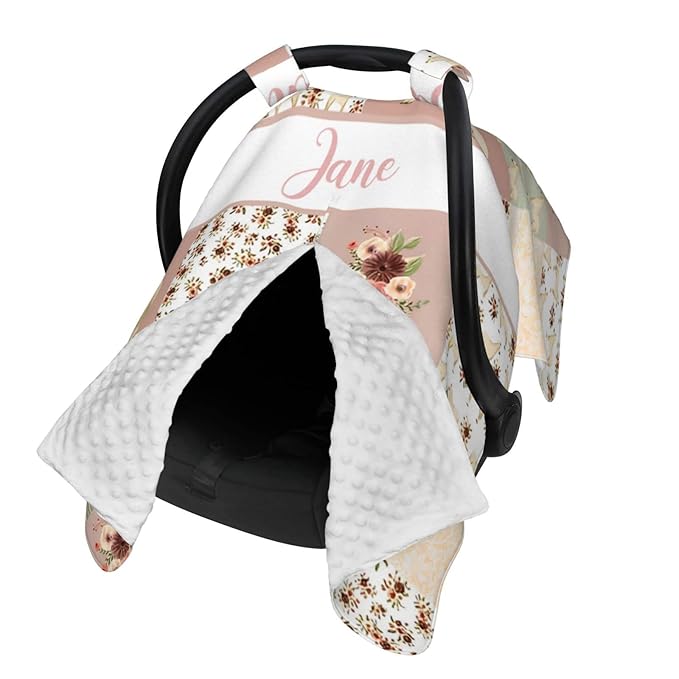 Personalized Baby Car Seat Canopy for Babies with Name, Custom Car Seat Covers for Boys Girls, Infant Opening Minky Nursing Breastfeeding Stroller Cover Carseat Canopies for Newborn (Floral Horse)