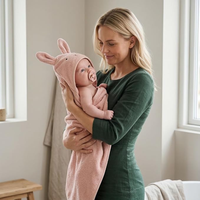 Hooded Baby Towels - 100% Organic Cotton Baby Bath Towels, 32" x 32" Super-Soft and Absorbent Baby Towels for Newborn Baby Girls 2-Pack (Rabbit Blush)