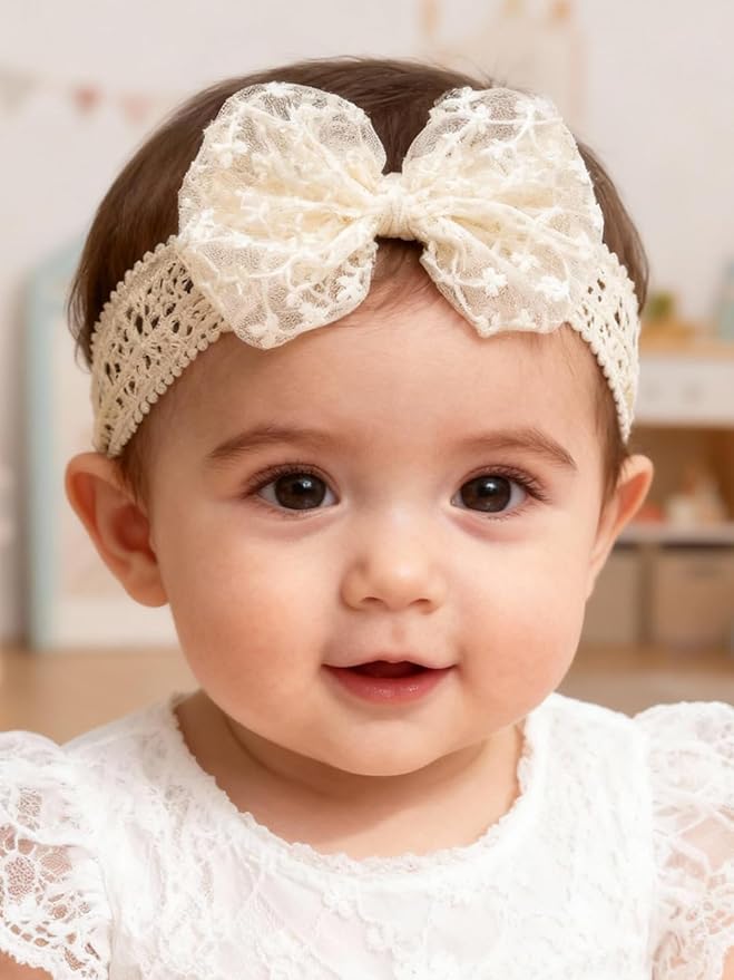 Baby Girls Bow Lace Headband Cute Soft Hairband White Butterfly Knot Headbands for Newborn Infants Toddlers Kids Christening Baptism Birthday Party Hair Accessories（Beige B）