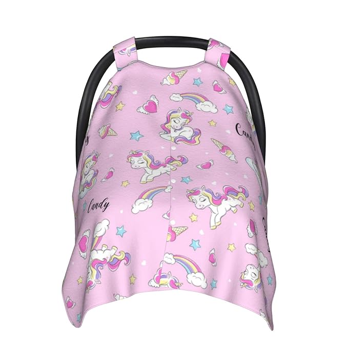 Personalized Baby Car Seat Canopy for Babies with Name, Custom Unicorn Pink Stroller Car Seat Covers for Girls, Nursing Carseat Cover for Breastfeeding, Car Seat Canopies for Infant Newborn