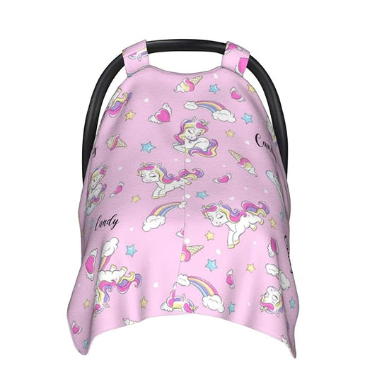 Personalized Baby Car Seat Canopy for Babies with Name, Custom Unicorn Pink Stroller Car Seat Covers for Girls, Nursing Carseat Cover for Breastfeeding, Car Seat Canopies for Infant Newborn