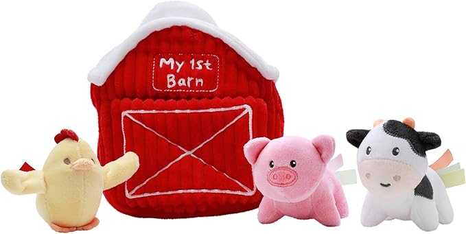 4 Piece Plush My First Barn Play Set with Sensory Toys for Baby, Red Farm Animals, 6 inch, Chicken, Pig, Cow