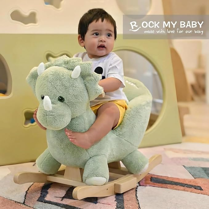 Rock My Baby Rocking Horse Green Dinosaur with Chair, Plush Stuffed Animal Rocker for Toddlers 1-3, Baby Rocker with Sweet Music, Wooden Rocking Horse Baby Animal Rocker,CPC Certified