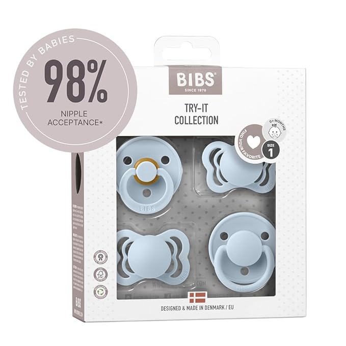 BIBS Try-It Collection | 4-Pack Soothers | BPA-Free Round, Anatomical & Symmetrical Nipple | Natural Rubber Latex/Silicone | Made in Denmark | 0-6 Months | Baby Blue