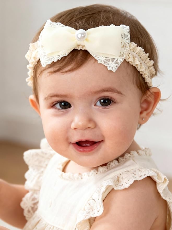 Handmade Baby Girl Headbands in Beige Baby Bows and Floral Lace Headband Bows for Newborns and Toddlers Cute Baby Girl Bows and Newborn Headband Bows