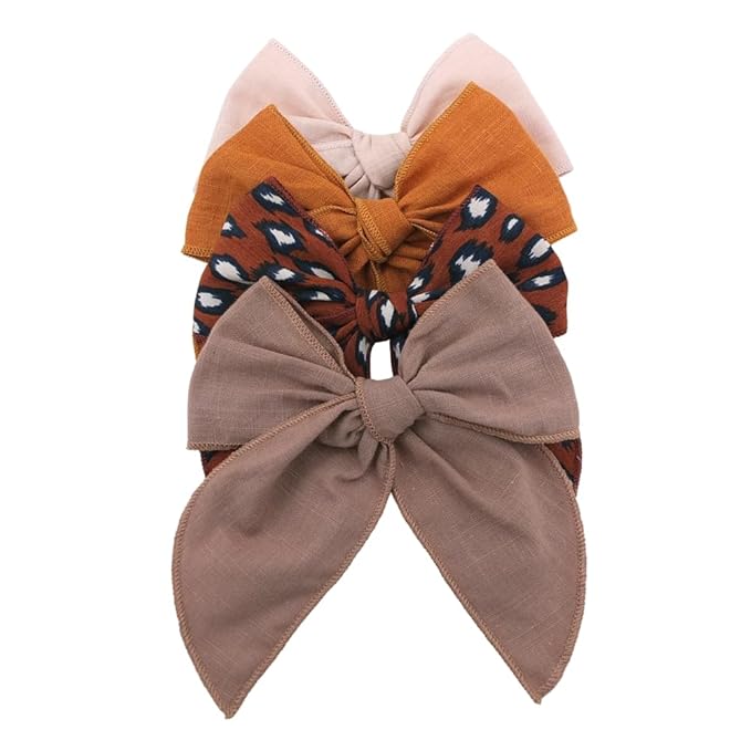 Pack of 4 Gorgeous Fable Bow Hair Clips for Girls Women Linen Hair Bow Alligator Clips Toddler Baby Mom Young Girl Hair Accessories (Camel)