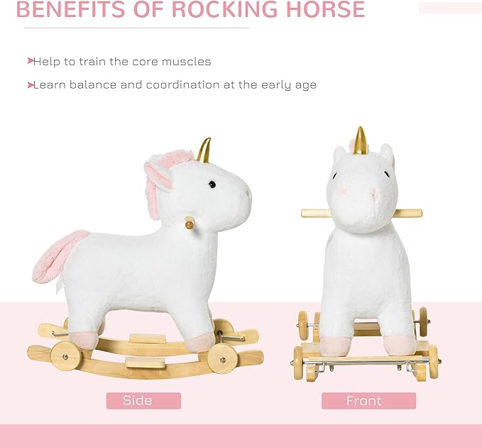 Qaba Rocking Horse, 2 in 1 Kids Ride on Horse, Rolling Unicorn Animal Rocker with Sound, Wooden Base, Pedal, Grip Handle, Plush Riding Pony for 3-6 Years Old, White