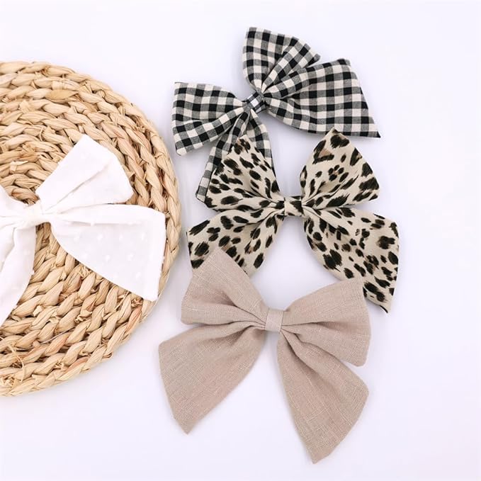 4 PCS Sailor Bow Hair Clips for Kids Girls Women Linen cotton Hair Bow Alligator Clips Baby Toddler Girl Mom Hair Accessories (Leopard/Beige)