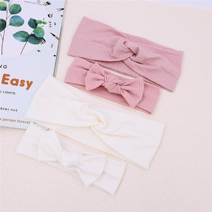 Sugarmelon Mommy and Me Headband Set Mother Baby Matching Turban Headbands for Toddler Baby Girls Women Scrunchies Hair Bow Hairbands (Dusty Pink/Snow)