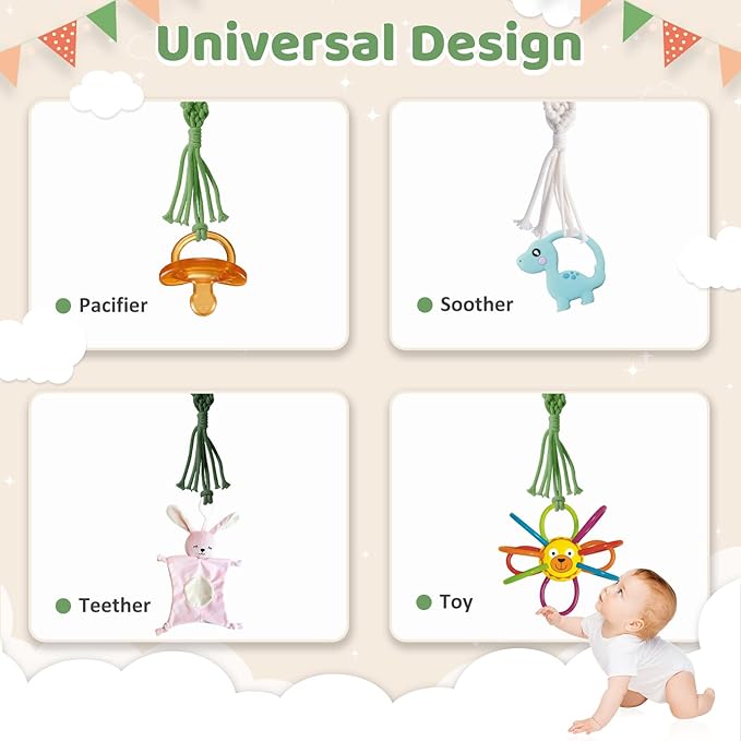 Boho Pacifier Clip for Boys Girls Pacifier Holder Leash Wooden Clips Handmade Braided Cotton Unisex Baby Shower Birthday Gift Christmas Gift