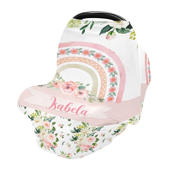 Personalized Baby Car Seat Cover for Girls, Custom Nursing Covers for Breastfeeding with Name, Infant Stroller Cover, Baby Carseat Canopy for Newborn, Multiuse Car Seat Canopies, Rainbow