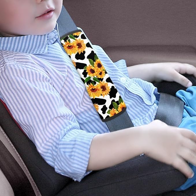 ENLACHIC Kids Car Seat Belt Cover, Cute Cartoon Animal Print Baby Car Seat Strap Pads Infant Car Seat Protector Car Accessories Universal All Cars,Sunflower Cow Print