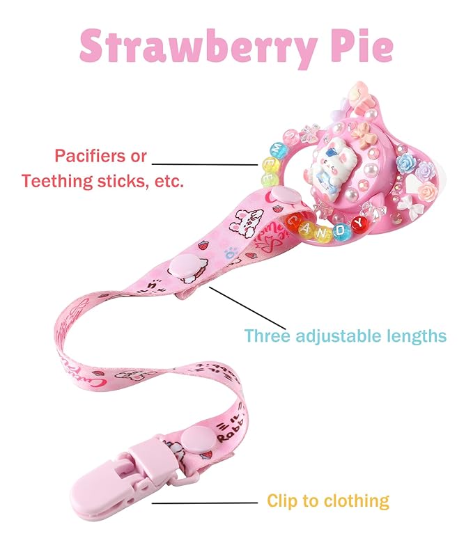 CutiePlusU Adult Pacifier Clip Adult Size Anyard Holder Clips 2 Pack-Strawberry Pie