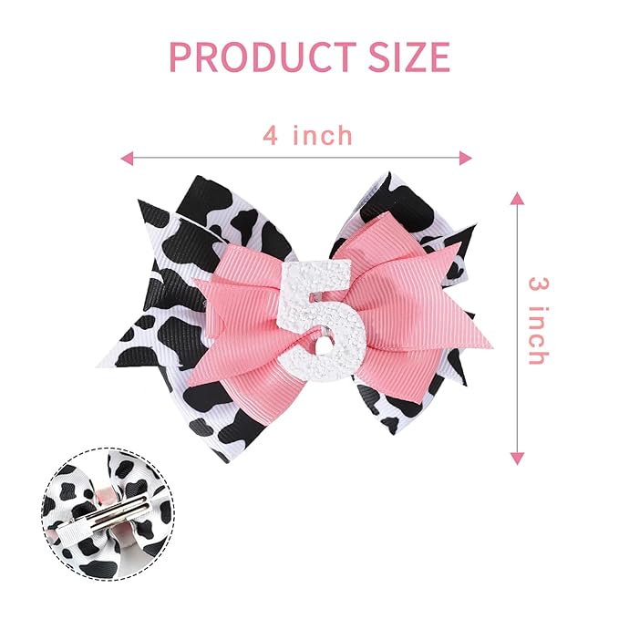 Birthday Hair Bow for Baby Girls - 2Pc Pink Sprinkle Hair Clips for 2nd Birthday Glitter Ice Cream Baby Bow Party Decorations for Girls Toddlers Hair Accessories (Cow Print -5 Years)