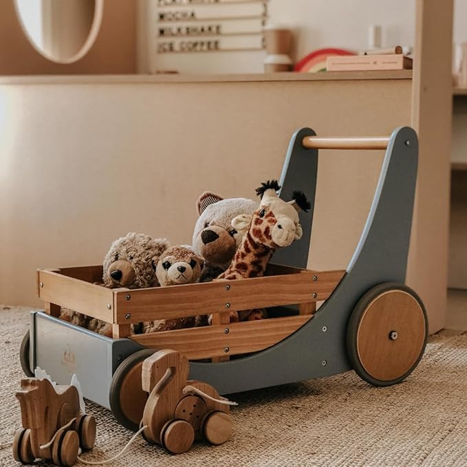 Kinderfeets 2-in-1 Wooden Cargo Walker Cart Wagon with Adjustable Rubber Wheels and Removable Basket for Children and Toddlers (Blue)