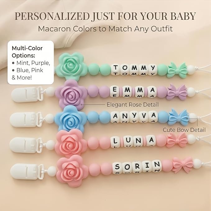 Silicone Pacifier Clip with Flower Bow for Baby Handmade Pacifier Holder Fits All Pacifiers