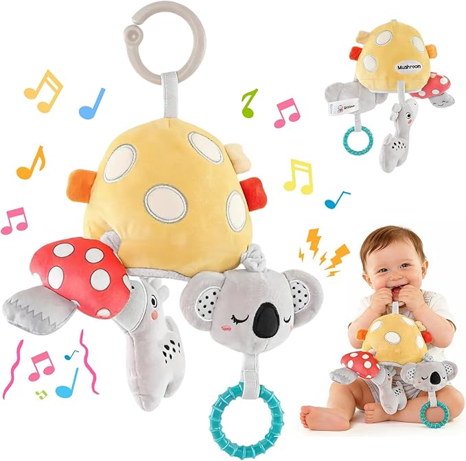 Musical Baby Pull Vibration Toy for Car Seat 6-12 Months, Travel Sensory Toy 3 Months, Montessori Plush Toys for Roadtrip with Crinkle Textures Flutter Squeaky Mirror Newborn Infant Gift