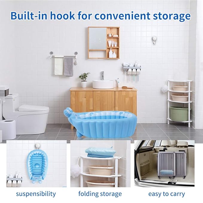 | Inflatable Baby Bathtub,Newborn Bathtub Seat for Infant,Non-Slip Baby Pool for Sitting up,Foldable Toddler Tub Shower,Portable Travel Bath for Kids 0-6 Year (Blue, Animal Print)