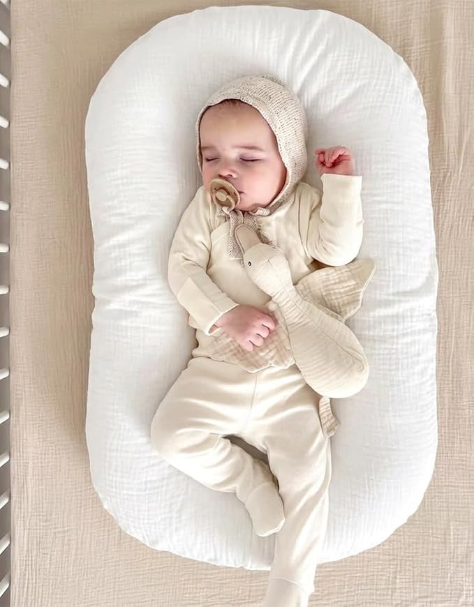 Muslin Baby Lounger Cover 2 Pack, Soft Breathable Newborn Lounger Pillow Cover for Boys Girls Infant (White & White)