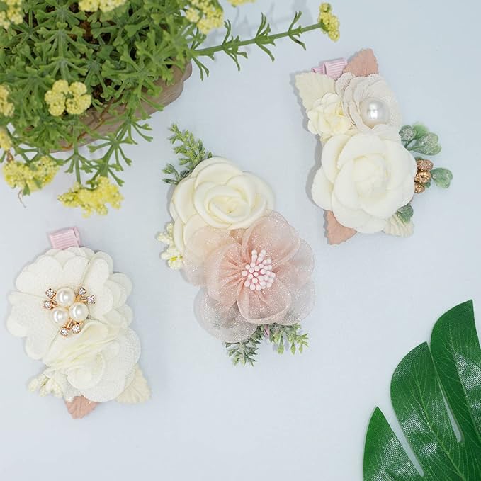 3pcs Girls Flower Hair Clips, Floral Hair Barrettes w/Boutique Fully Lined Alligator, Hair Bows for Baby Newborn Toddler