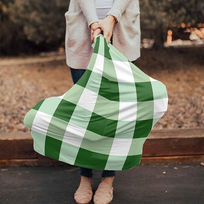 Green White Plaid Car Seat Covers for Babies, Buffalo Checkered Lattice Geometric Nursing Breastfeeding Covers Stretchy Breathable Baby Carseat Canopy Cover for Girls and Boys Shower Gifts