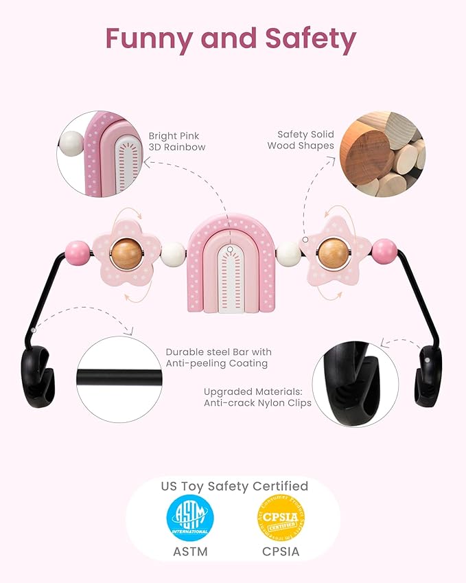 TinlyFinly Baby Bouncer Toy Bar Wooden Compatible with Baby Bjorn Bouncers, Bouncer Toy Attachment, Tight and Secure Fit, So Fun to Watch, Touch and Spin for Babies All Ages (Pink Rainbow)
