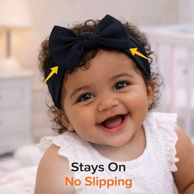 Baby Girl Headbands 0–6 Months – Newborn Infant Soft Cotton Handmade Bow Headband, Stretchy No Mark Baby Hair Accessories (Black, 0-6 Month)