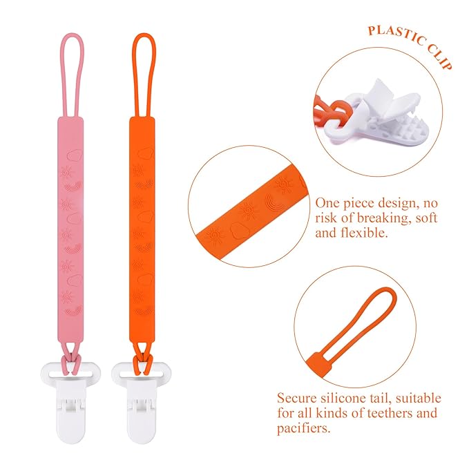 One Piece Design Silicone Pacifier Clip Holder for Baby Boys and Girls,Pack of 4 Flexible Paci Leash,Binky Clips,Newborn Essentials (Sun & Cloud & Rainbow, Pink)