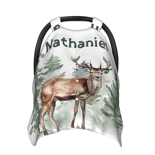 Custom Name Baby Car Seat Cover Woodland Deer – Personalized Nursing Cover, Stroller Canopy, Breastfeeding Privacy Cover, Multi-Use Infant Blanket, Shower Gift for Baby Boys