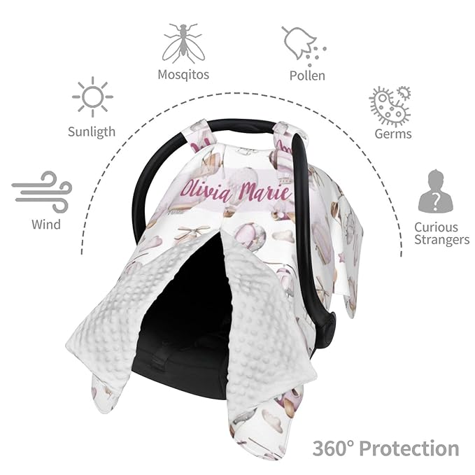 Personalized Baby Car Seat Canopy with Name – Custom Hot Air Balloon Minky Nursing Cover for Girls, Soft Stroller Cover for Infants & Newborns, Carseat Canopy for Breastfeeding