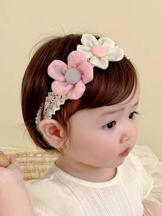 Baby Girls Hairbands Lace Flowers Headband Handmade Soft Stretchy Colorful Flower Hairband Newborn Headbands with Pearls Elastic Hairbands for Infant Head Band (Pink and White Flowers)