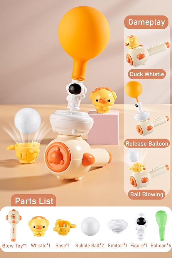 Breathing Exerciser for Kids, Sensory Toys with Whistle, Floating Blow Pipe Balls, Balloon Launcher, Autism Speech Therapy Toys for 3 4 5 6 7 Year Old Boys Girls Gifts-Yellow