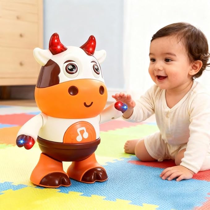 Electric Dancing Cow Light up Musical Cow Plastic Dancing Toys Baby Animal Sounds Toys Toddler Sensory Educational Interactive Swinging Calf 3 AA Battery Operated, Age 3+