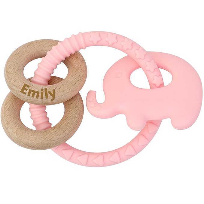 Baby Teether Toys with Name, Personalized Silicone Rattle, 0-3 Months Custom Teething Ring Toy for Babies and Raised Texture to Soothe Gums