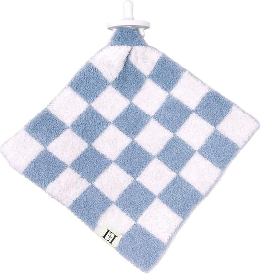 L+L USA Checkered Baby Lovey Pacifier/Teether Holder 10"x10" - DreamSoft Plush Fluffy Cuddly Soothie Reversible Mini Comfort Blanket - Cute Newborn Gift Essential Babies Boys Girls (Steel Blue/White)