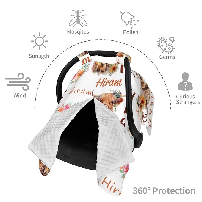 Personalized Highland Cow Baby Car Seat Cover for Boys Girls, Customized Peekaboo Opening Carseat Covers with Name, Custom Nursing Covers Breastfeeding Scarf for Infant Newborn