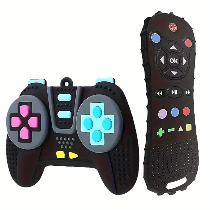 Silicone Teething Toys for Babies 3+ Months TV Remote Control Game Controller Design, Chew Toys for Teething Relief, Boys & Girls, Tummy Time Gift (Black（Remote Control + Joystick）)